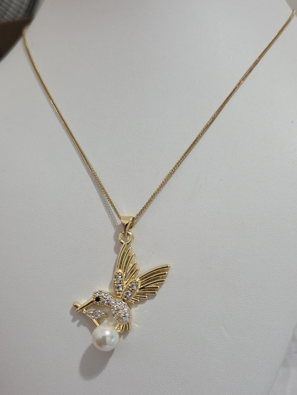 14k Laminated Gold Hummingbird Pendant Necklace with Pearl Accent